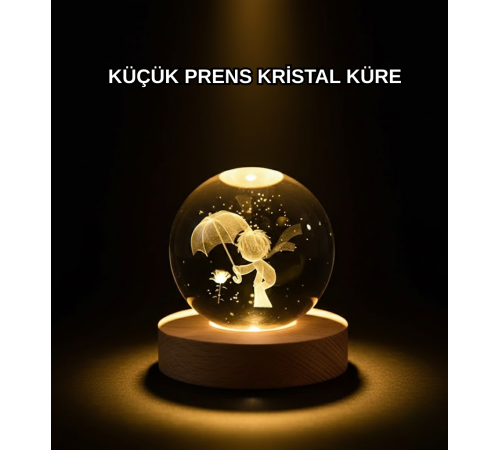 8 cm Küçük Prens 3D Kristal Küre USB Işıklı Ahşap Altlıklı Dekoratif Lamba