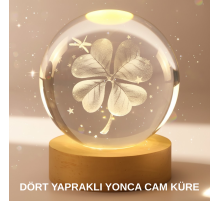 Bitki Temalı LED Işıklı Cam Küre Ahşap Standlı Modern Gece Lambası