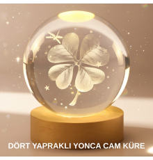 Bitki Temalı LED Işıklı Cam Küre Ahşap Standlı Modern Gece Lambası
