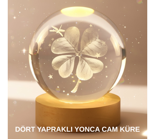 Bitki Temalı LED Işıklı Cam Küre Ahşap Standlı Modern Gece Lambası