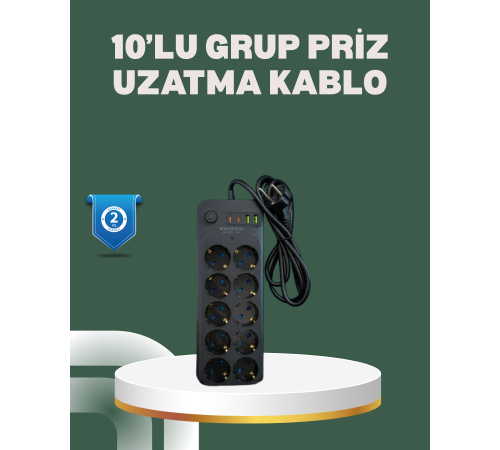 Termal Koruma Sistemli USB Type-C 10’lu Grup Priz 2m 2500W Güç Kapasiteli