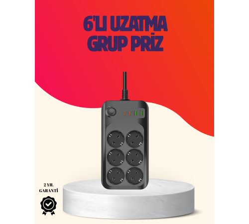 USB Type-C Destekli Termal Korumalı 6’lı Uzatma Priz 10A 2m