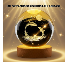 Lazer İşlemeli Yunus Kristal Küre Sıcak Işıklı Ahşap Standlı
