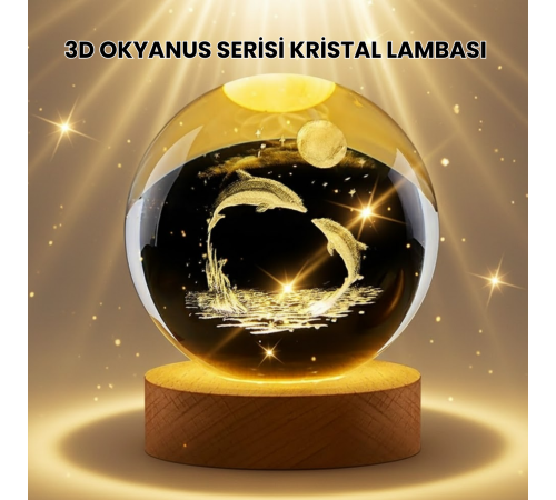 Lazer İşlemeli Yunus Kristal Küre Sıcak Işıklı Ahşap Standlı