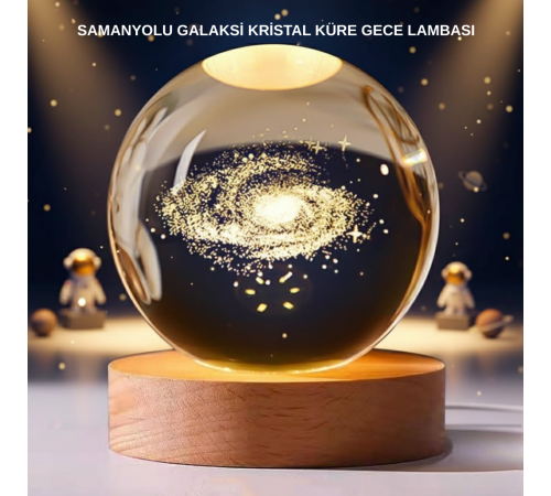 Samanyolu Desenli Kristal Küre Ahşap Standlı Gün Işığı LED Masa Lambası