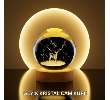 Doğal Ahşap Standlı Geyik Figürlü Kristal Küre LED Dekoratif Lamba