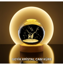 Doğal Ahşap Standlı Geyik Figürlü Kristal Küre LED Dekoratif Lamba