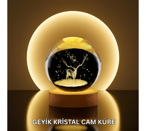 Doğal Ahşap Standlı Geyik Figürlü Kristal Küre LED Dekoratif Lamba