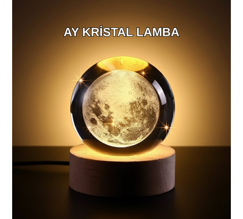 Ay Temalı Kristal Küre Gece Lambası LED Aydınlatmalı Premium Dekor