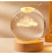 8 cm 3D Yağmur Bulutu Kristal Küre LED Gece Lambası Ahşap Standlı Tasarım Lamba