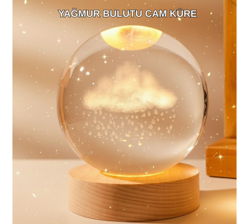 8 cm 3D Yağmur Bulutu Kristal Küre LED Gece Lambası Ahşap Standlı Tasarım Lamba