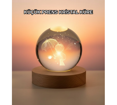 Masif Ahşap Standlı 3D Küçük Prens Kristal Top USB Gece Lambası Sıcak Işık