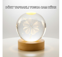 Yonca Figürlü Cam Küre USB Işıklı Ahşap Tabanlı Dekoratif Masa Lambası