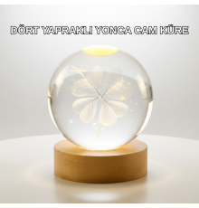 Yonca Figürlü Cam Küre USB Işıklı Ahşap Tabanlı Dekoratif Masa Lambası