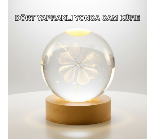 Yonca Figürlü Cam Küre USB Işıklı Ahşap Tabanlı Dekoratif Masa Lambası