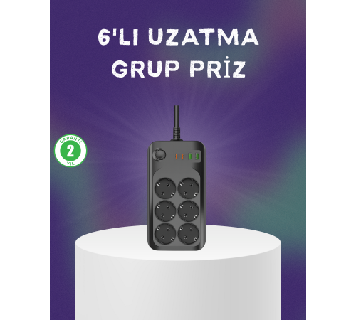 6 Prizli Çoklu Uzatma Kablosu USB Type-C Hızlı Şarj Termal Koruma