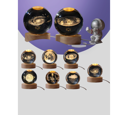 3D Lazer İşlemeli Galaksi Küre USB LED Ahşap Standlı Oda Gece Lambası