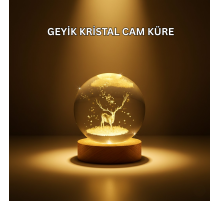 USB Bağlantılı Geyik Temalı Kristal Küre Premium Masa Gece Lambası