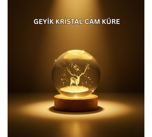 USB Bağlantılı Geyik Temalı Kristal Küre Premium Masa Gece Lambası