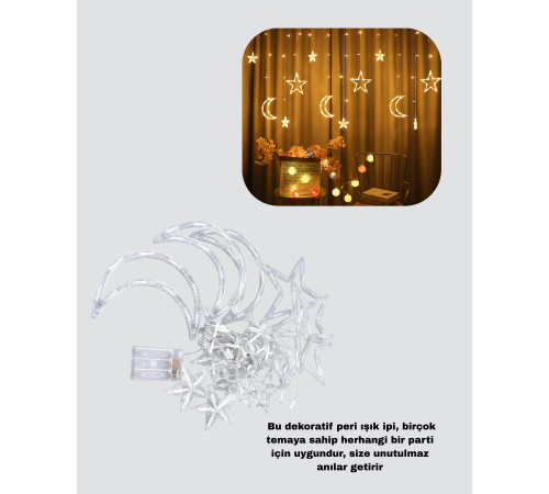 Yıldız ve Ay Figürlü Pilli Perde Led Romantik Dekoratif Işık