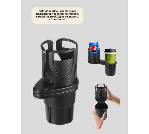 Araba Çift Bardak Tutucu 360° Dönebilen İkisi Bir Arada Ayarlanabilir