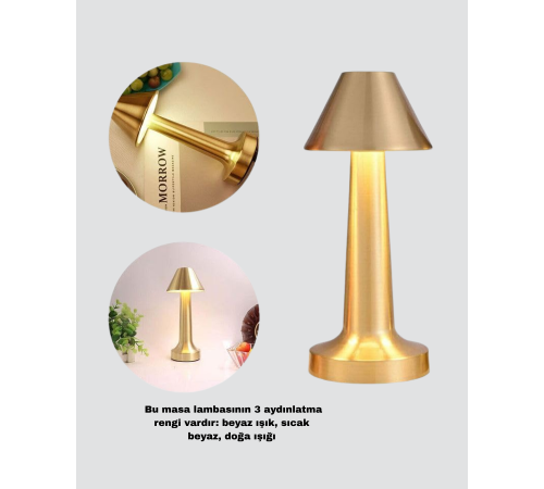 LED Masa Lambası 3 Renk Ayarlı Şarjlı Kablosuz Modern Tasarım