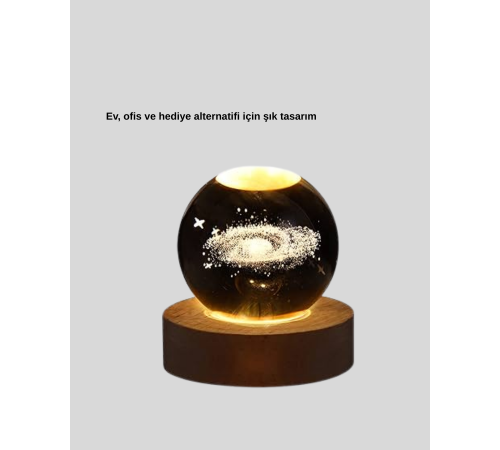 3D Lazer İşlemeli Galaksi Küre USB LED Ahşap Standlı Oda Gece Lambası