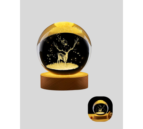 3D Lazer İşlemeli Geyik Kristal Küre Sıcak Işıklı Gece Aydınlatması