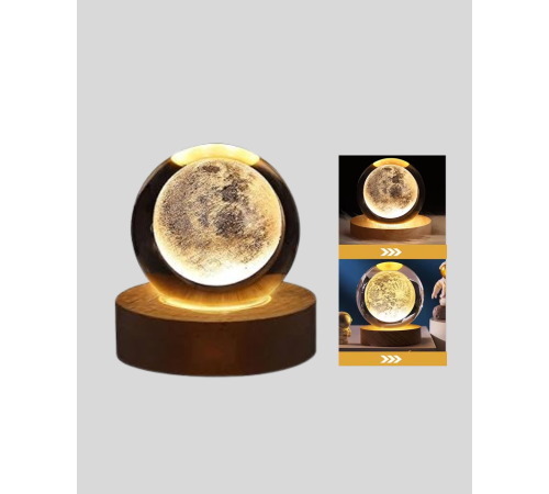 USB Işıklı Ay Kristal Küre 3D Oyma Tasarım Ahşap Standlı Gece Lambası
