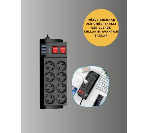 Güçlü Termal Korumalı 8 Priz + 3 USB Çoklu Uzatma Kablosu 2m