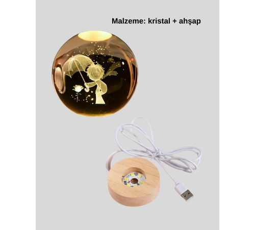 USB LED 3D Küçük Prens Kristal Küre Ahşap Standlı Gece Lambası