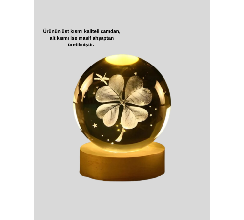 USB Bağlantılı Yonca Bitkili Cam Küre Ahşap Altlıklı Dekoratif Lamba