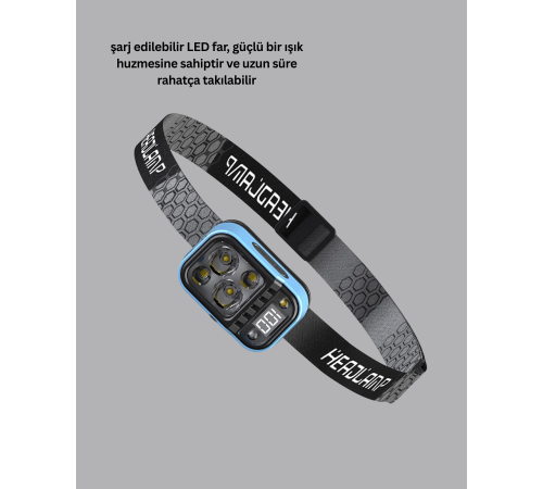 Üç Renkli LED Kafa Feneri 53 Mod Güç Göstergeli Type C Şarjlı