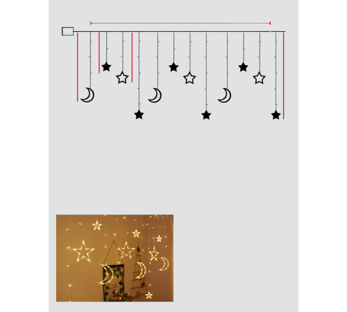 Yıldız ve Ay Figürlü Pilli Perde Led Romantik Dekoratif Işık