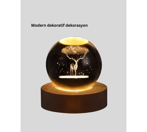 3D Lazer İşlemeli Geyik Kristal Küre Sıcak Işıklı Gece Aydınlatması