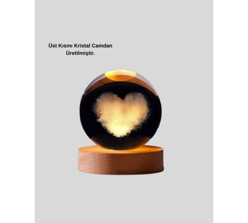 LED Işıklı Kalp Desenli Cam Küre Büyük Boy Ahşap Tabanlı