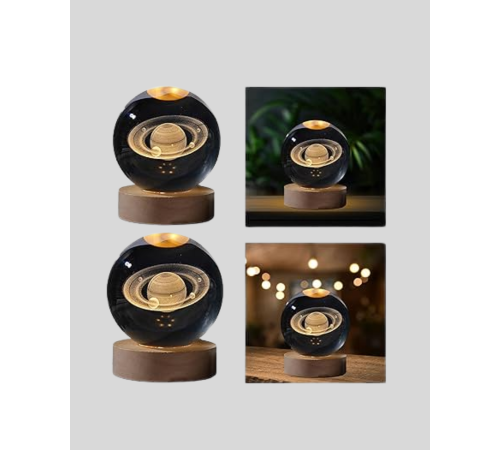 Ahşap Tabanlı 3D Satürn Kristal Küre Atmosfer Lambası