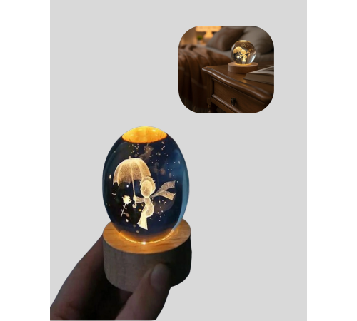 USB LED 3D Küçük Prens Kristal Küre Ahşap Standlı Gece Lambası