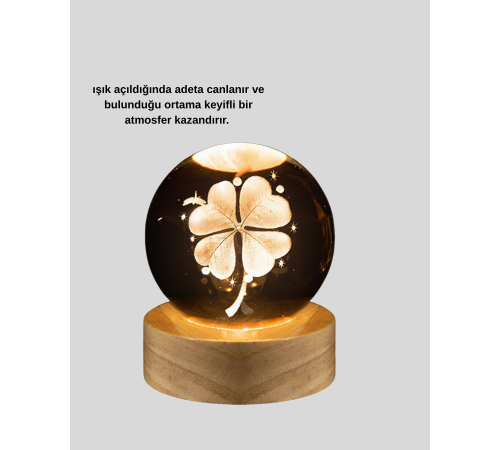 USB Bağlantılı Yonca Bitkili Cam Küre Ahşap Altlıklı Dekoratif Lamba