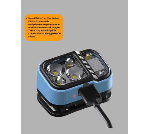Üç Renkli LED Kafa Feneri 53 Mod Güç Göstergeli Type C Şarjlı