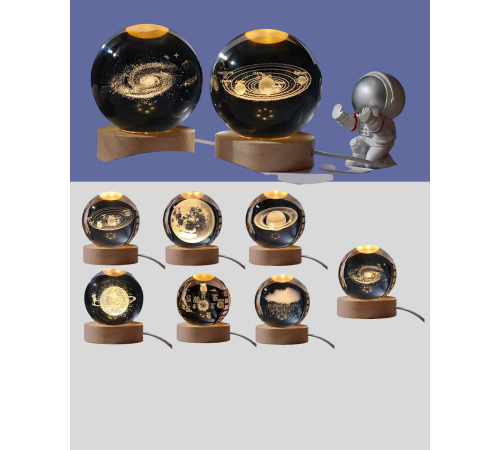 Lazer İşlemeli 3D Astronot Kristal Küre LED Işıklı Uzay Temalı Gece Lambası