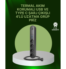 4 Priz 2 USB 1 Type-C Akım Korumalı Çoklu Priz Led Anahtarlı