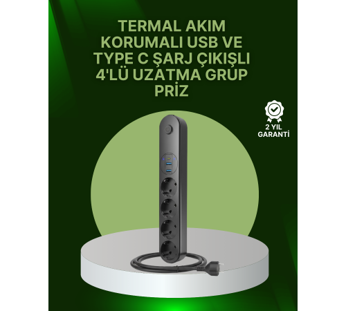 4 Priz 2 USB 1 Type-C Akım Korumalı Çoklu Priz Led Anahtarlı