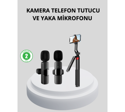 Kablosuz Çift Yaka Mikrofonu ve Tripodlu Selfie Çubuğu İçerik Üretici Seti