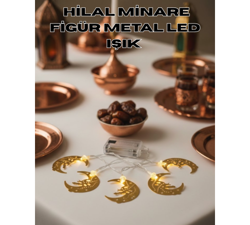 Minareli Hilal LED Işık Gold Metal Gövdeli Pilli Ramazan Dekoru