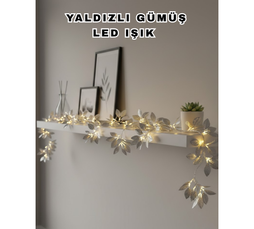 Yaldızlı Gümüş Yaprak LED Işık Pilli Dekoratif Ortam ve Yılbaşı Aydınlatması