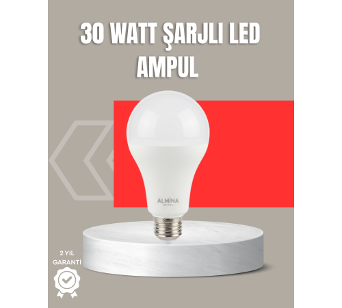 30W Şarjlı LED Ampul E27 Duy %80 Enerji Tasarruflu Soğuk Beyaz