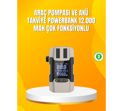 12.000 mAh Akü Takviye Powerbank Dahili Hava Pompalı Dijital Ekranlı