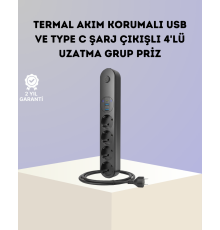 Akım Korumalı Çoklu Priz 4’lü 2 USB 1 Type-C 2500W Güçlü Tasarım