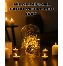 Ramazan Minare Detaylı Hilal LED Işık Günışığı Sarı Metal Süs